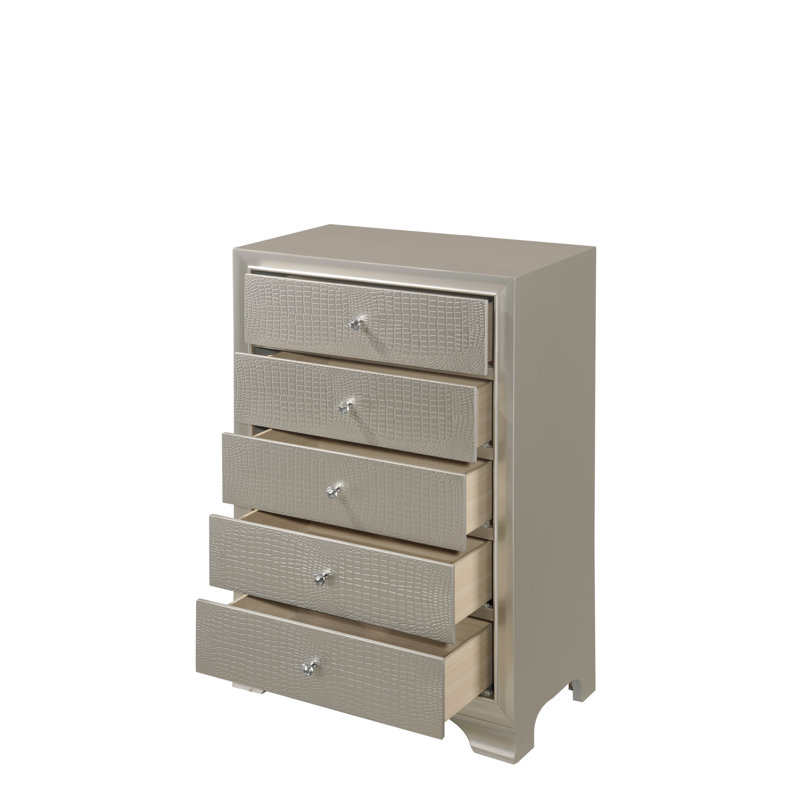 Ensemble de chambre à coucher de luxe à panneau tapissier avec capitonnage à DEL de couleur champagne, 5 pièces, Lit double