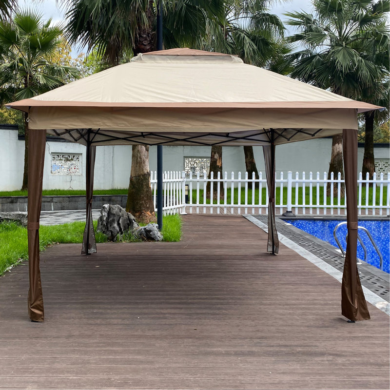 Pavillon de jardin d'extérieur 11 x 11 pi, structure en acier - dessus double couche, pour cour, camping, exposition, toile de toit escamotable, feu doux, patio amovible, exposition, fêtes