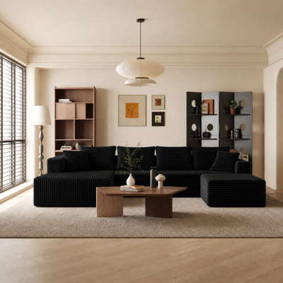 118"Corduroy U-Shape Modular Sectional Sofa,No Assembly Required Compressed Cloud Couch with Ottoman & Left Facing Chaise for Living Room,Black