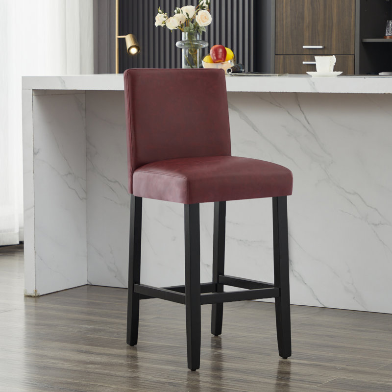 Tabouret de bar rembourré avec structure en bois massif, 2, Rouge / similicuir