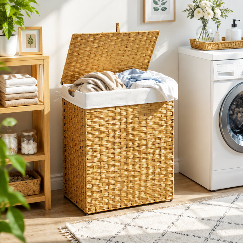 Home Laundry Hamper — Natural-Tone Woven Rattan Style (110L) | Lidded, Portable With Handles, Foldable Storage | Includes Two Removable Liner Bags