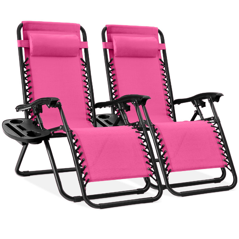  Set Of 2 Zero Gravity Lounge Chair Recliners For Patio, Pool W/ Cup Holder Tray - Hot Pink, Hot Pink, Hot Pink