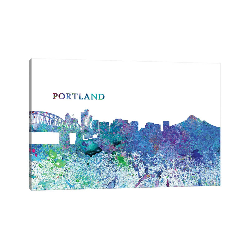 Portland Oregon Skyline Silhouette Impressionistic Splash by Markus & Martina Bleichner - Wrapped Canvas Print