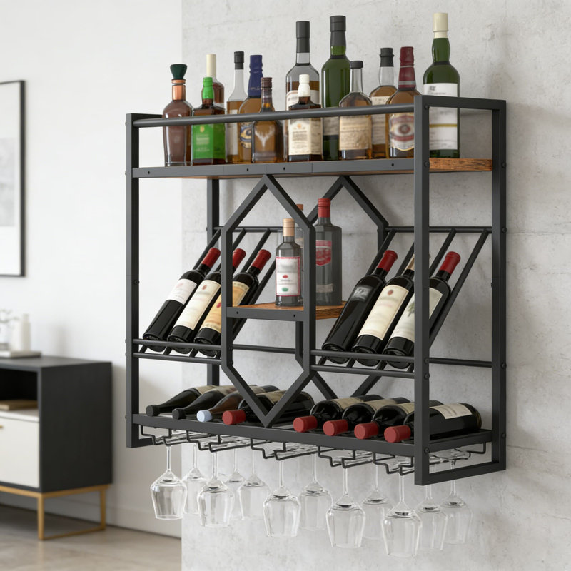 Support à vin mural avec lumières DEL, étagère à vin flottante à 3 niveaux avec porte-verres à pied, design hexagonal pour le rangement et la présentation de la cuisine, du bar ou du salon