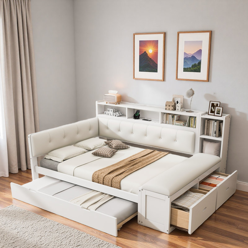 Lit de jour confortable avec lit gigogne, tablettes de rangement, banc, station de charge et tête de lit tapissier, Blanc