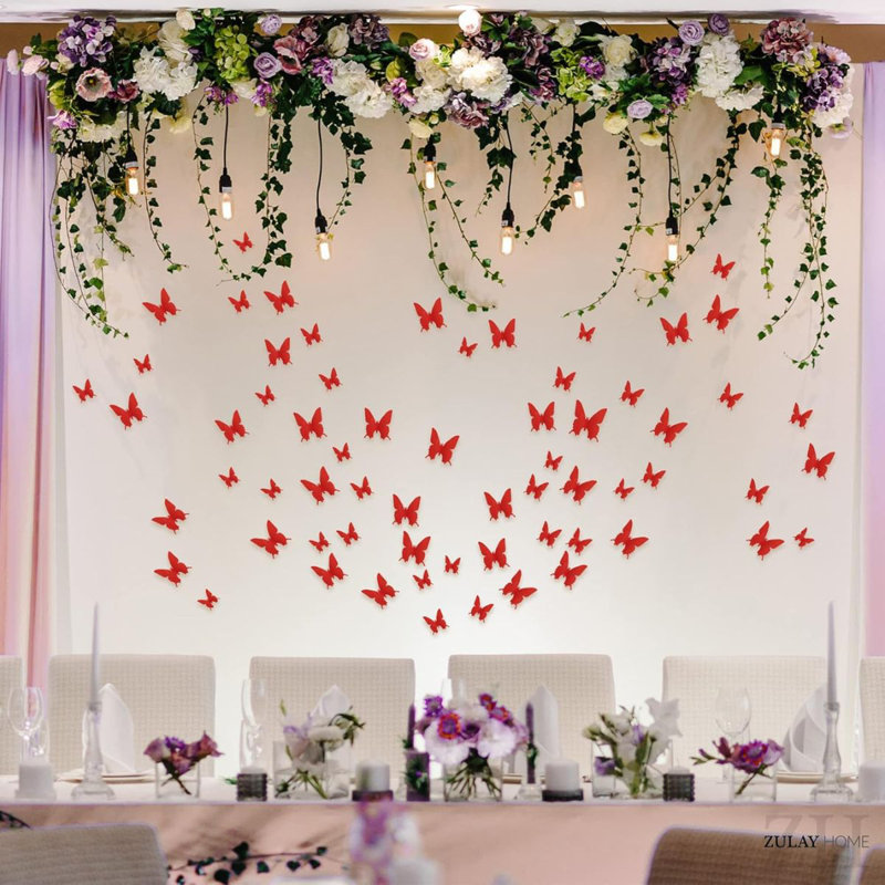 Décoration murale 3D Zulay Home - 24 pièces de décorations de papillons avec 3 tailles différentes, Rouge
