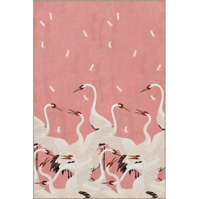 Powder Pink Themed Abstract Stork Patterned Modern Decorative Carpet, Runner 3'4" x 9'11"