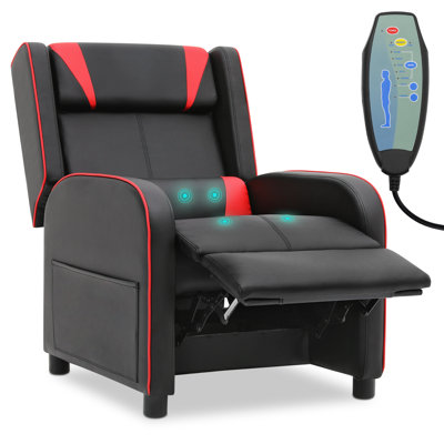 Fauteuil de jeu inclinable de massage, fauteuil de jeu vidéo en cuir PU avec télécommande et support de bois