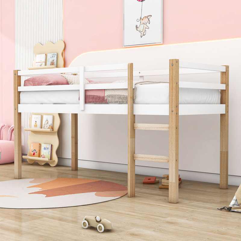 Twin Wood Loft Bed With Ladder, Natural/White