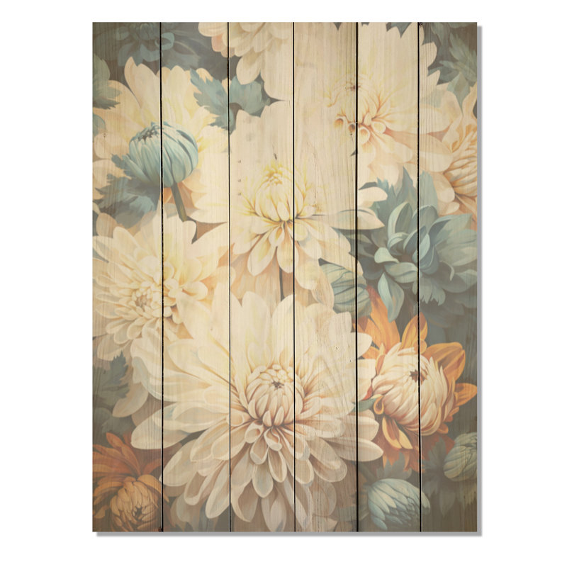«White Mums In Blue Dream I - Mums», art sur bois de pin naturel, H 20 po x l 10 po