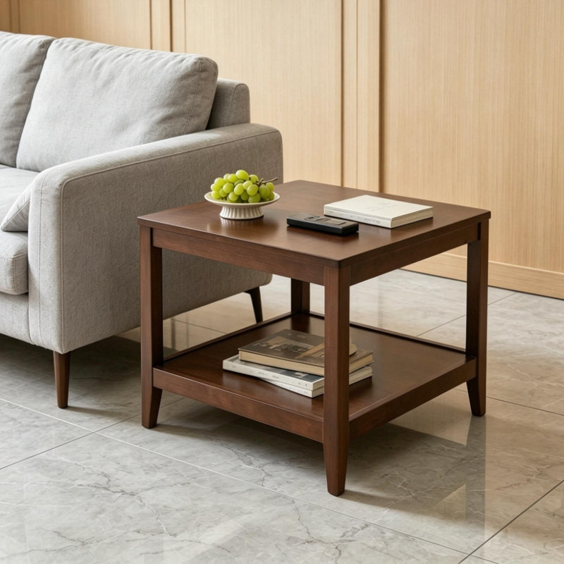 Table de bout carrée en bois massif à 2 niveaux avec rangement, table d'appoint multifonctionnelle en bois, petite table basse pour le bureau à domicile du salon, bois massif robuste facile à assembler