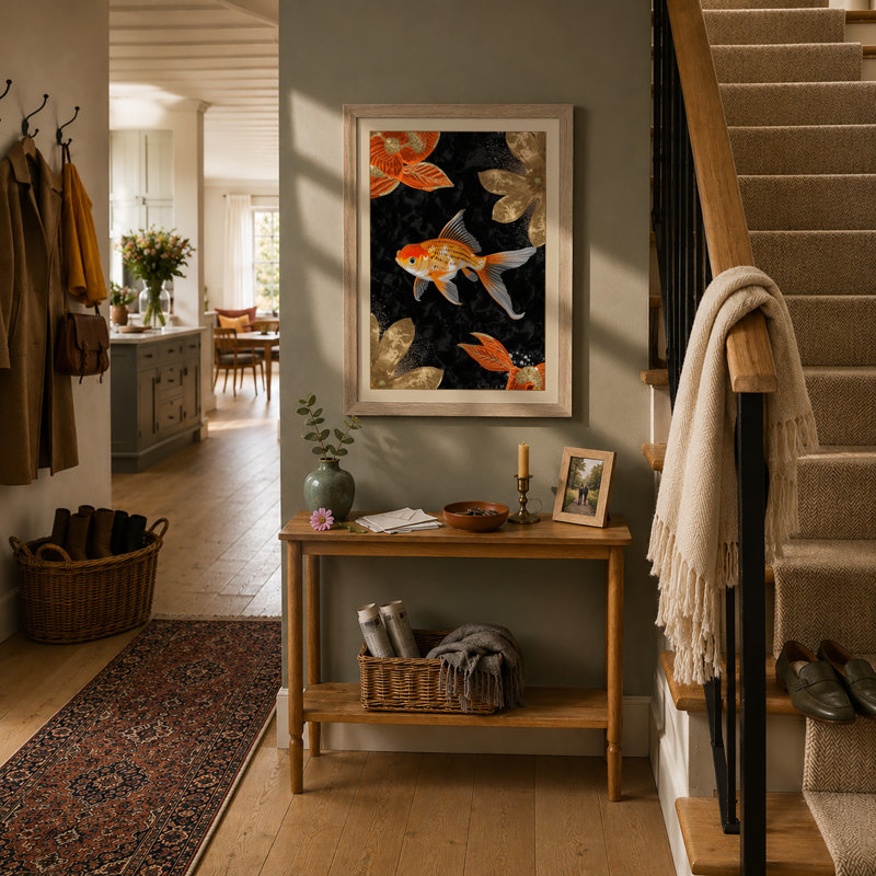Goldfish in Motion Japandi - Framed Print, Oak, A3 - 42.0 x 29.7 cm