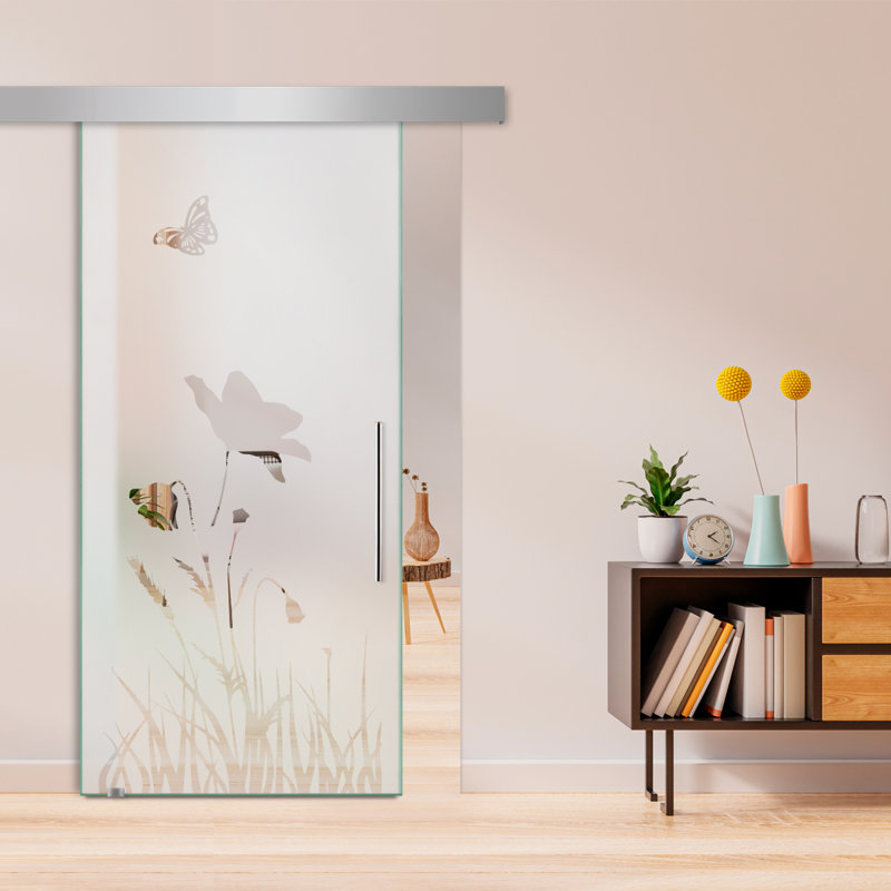 Frameless Glass Sliding Barn Door with Frosted Modern Design + Hardware Kit (Semi-Private), 30" x 81", Left Handing