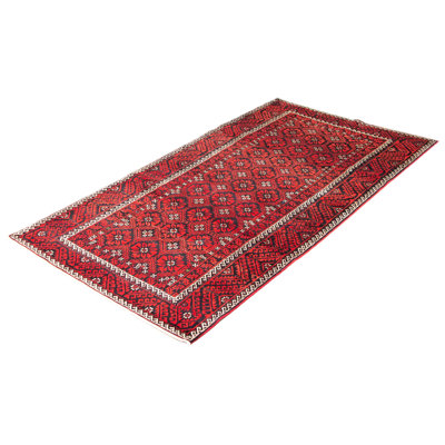 Tapis rouge en laine noué à la main de conception unique 4 pi 9 po x 9 pi 3 po New Age