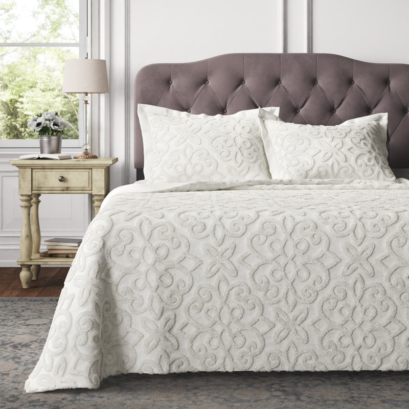 Ensemble de couvre-lit capitonné 100% satin de coton blanc cassé 3 pièces Auturo, Blanc