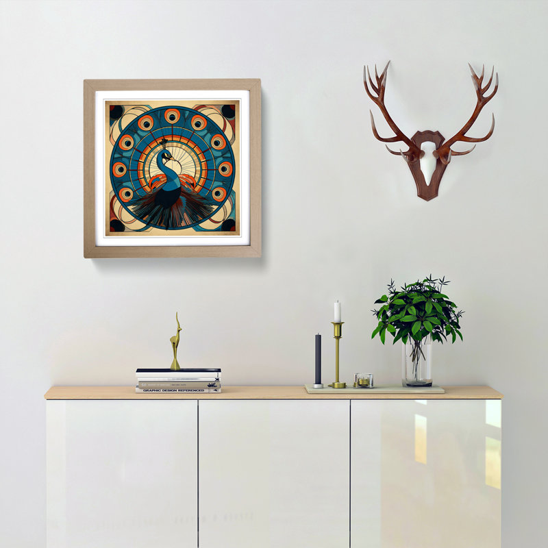 Peacock Constructivism No.5 - Single Picture Frame Print on Wood, Oak