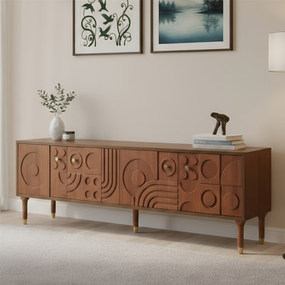 Mid-Century Tv Stand With Artistic Carved Doors, 66.9In Modern Tv Console With 4 Cabinet Storage, Retro Media Console For 50-75 Inch TV-Walnut