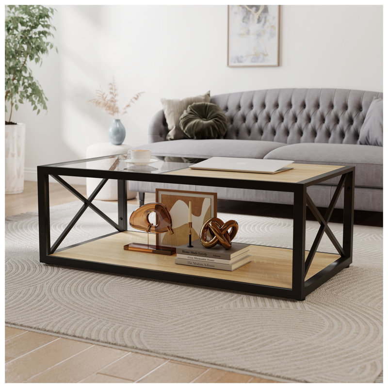 Table basse industrielle moderne avec plateau en verre trempé et bois