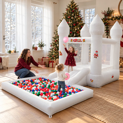 Jeu gonflable blanc avec toboggan, fosse à balles et soufflerie pour enfants