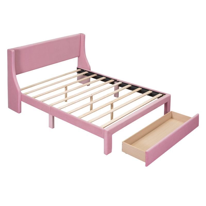 Lit plateforme avec rangement et velours, Rose