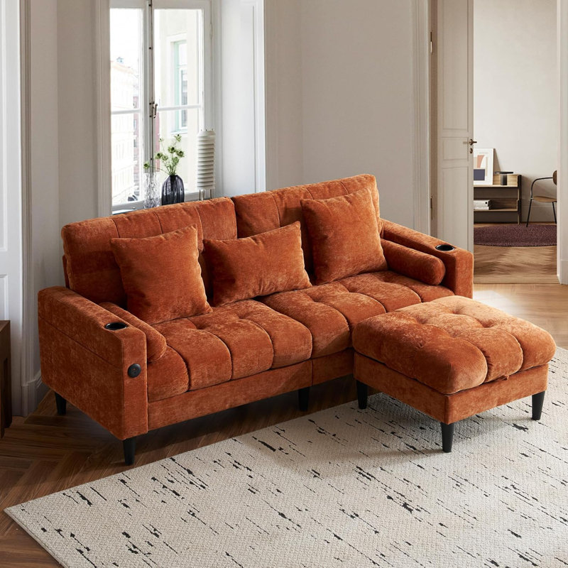 77.2" Wide Sectional Couches Sofas with Storage Chaise, 3 Seat Chenille Upholstered Sofa with Ottoman, Orange, Orange