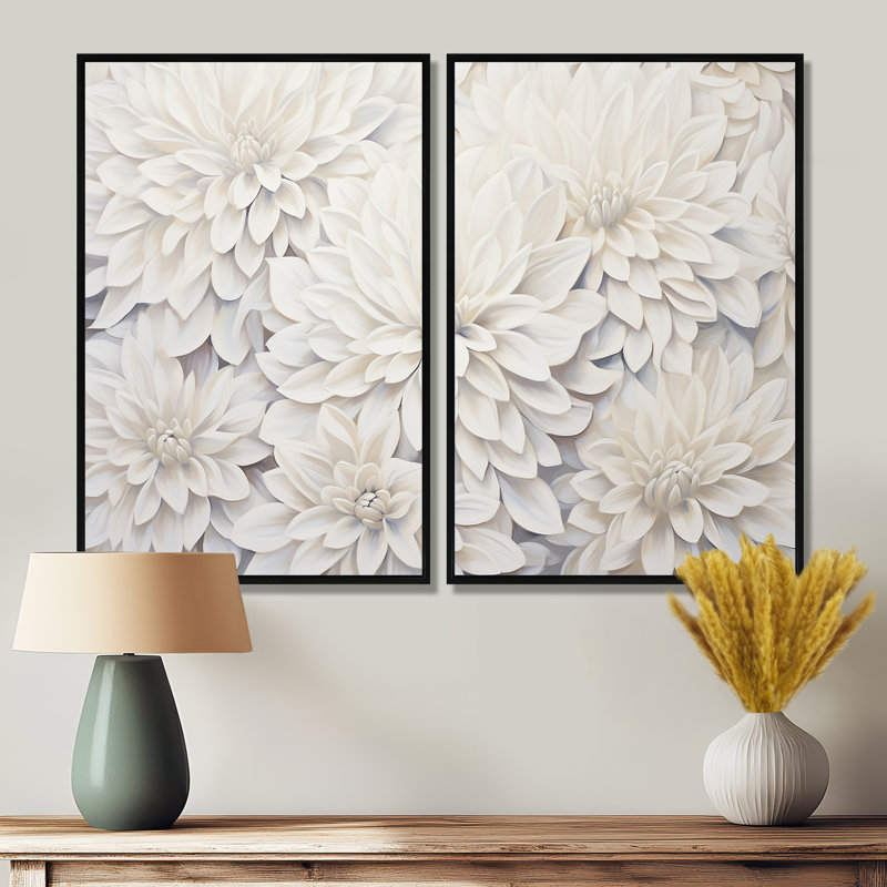 «White Dahlia Charm Collage», art mural blanc, Black, 36" H x 48" W, Reproduction encadrée sans passe-partout