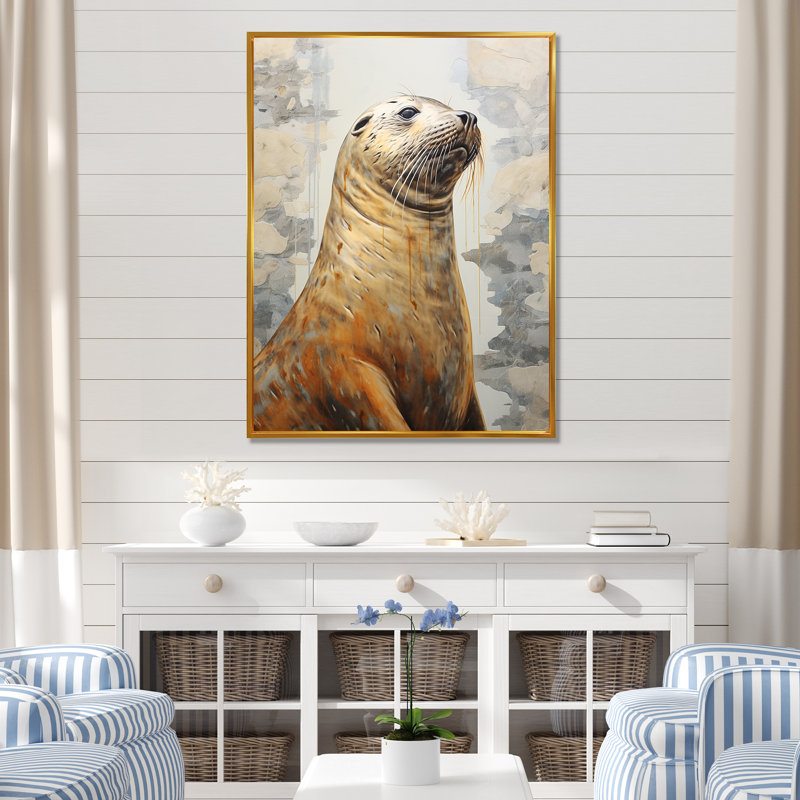 Magnifique otarie sur toile, Cadre flottant doré, H 44 po x l 34 po
