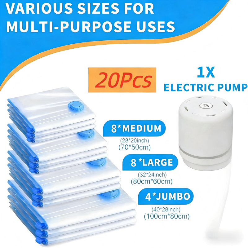 20Pcs Vacuum Storage Bags With Electric Pump(Jumbo/Large/ Medium)- Vacuum Sealing Bags For Clothes, Duvets, Blankets, Bedding- Space-Saving Vacuum Storage Bags.halloween And Christmas Gift Storage