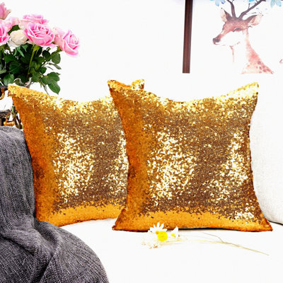 Gold Glitter Sparkle Pillowcase Set - Sequin Cushion Covers for Sofa & Bed - Decorative Throw Pillow Cases - Pack of 2 Luxe Shiny Pillow Covers