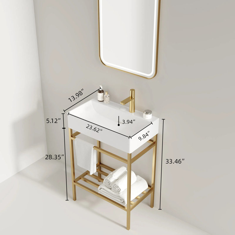Meuble-lavabo autoportant avec lavabo en céramique, Blanc, Doré