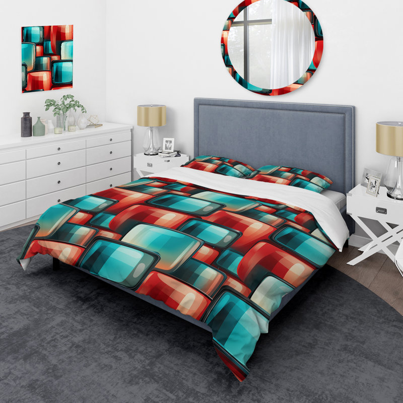 Ensemble de housse de couette rouge et cyan Popart Retro Tv, Housse de couette pour grand lit et 2 taies décor
