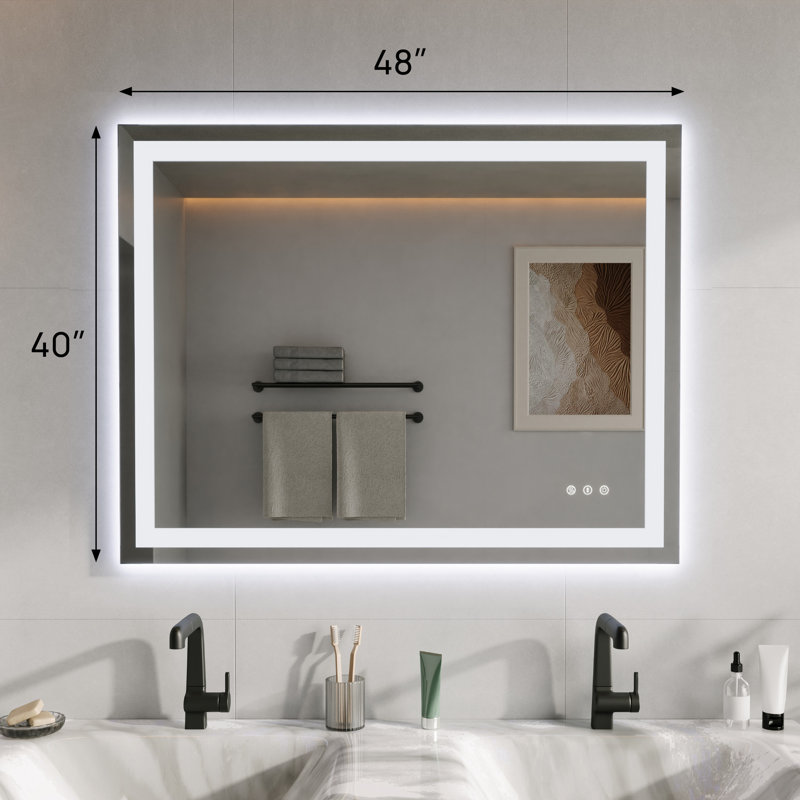 Miroir de salle de bain à DEL avant et rétroéclairé de 48 po x H 40 po - antibuée, lumière tricolore à intensité variable, capteur tactile, fixation murale horizontale / verticale