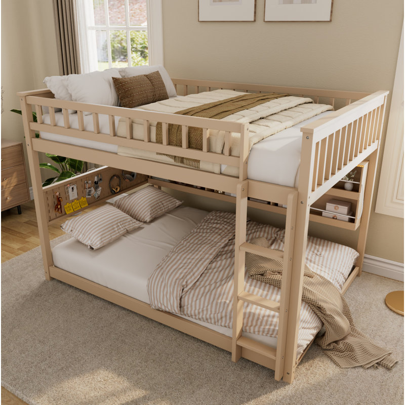 Lit superposé double au-dessus de double avec tablettes intégrées, lumières à changement de couleur et panneau perforé, beige
