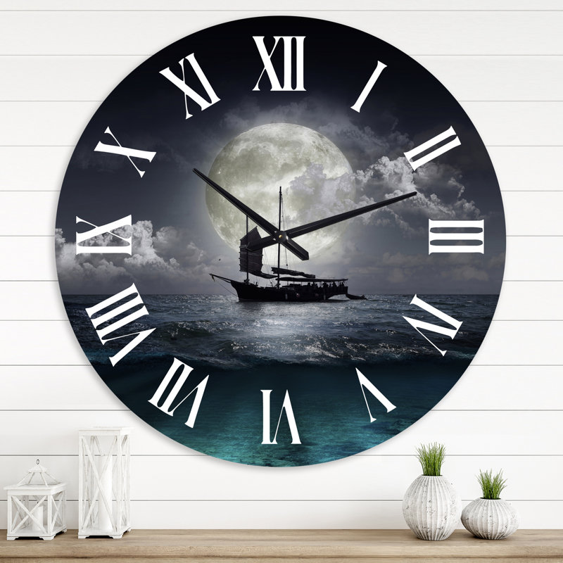 Pêcheur sur le lac pendant la pleine lune - Horloge murale nautique et côtière, Surdimensionné