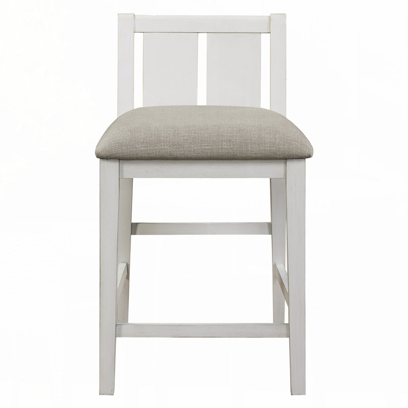 Ensemble de 3 tables à hauteur de comptoir de style transitionnel avec finition blanche et grise avec tablettes USB et 2 chaises à hauteur de comptoir rembourrées en tissu