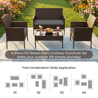 4-Piece Black PE Rattan Patio Furniture Set with Glass Coffee Table & Washable Cushions