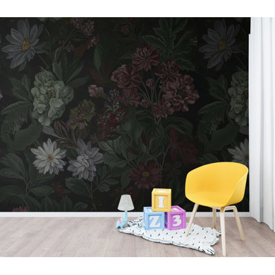 Papier peint botanique foncé, art mural floral Moody, feuillage rétro de fleurs sauvages, gris anthracite bourgogne foncé, décor de luxe foncé