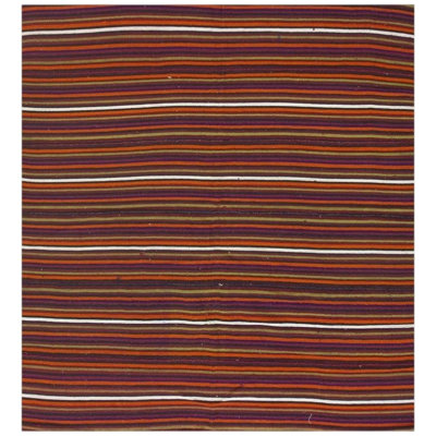 1950s Multicolor Ground Geometric Vintage Turkish Kilim Flatweave Square Rug 5'3" x 5'7" Area Rug