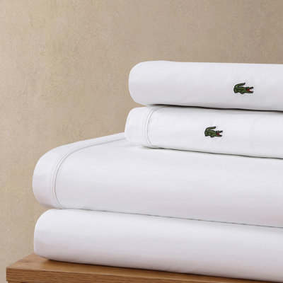 Lacoste Cotton Percale Sheet Set, Crisp Feel & Breathable Bedding, Deep Pocket Fitted Sheet, White, Queen