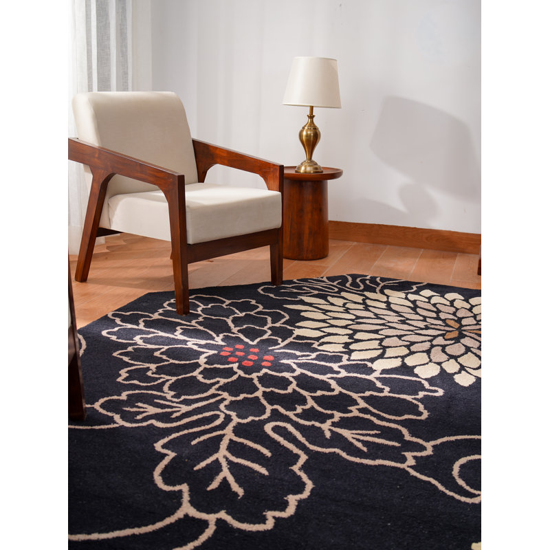 Hand Tufted Wool Eco-Friendly Area Rugs - Octagon, Black Color, Oriental Design, High Pile Thick Handmade Anti Skid Area Rugs for Living Room, Bed Room