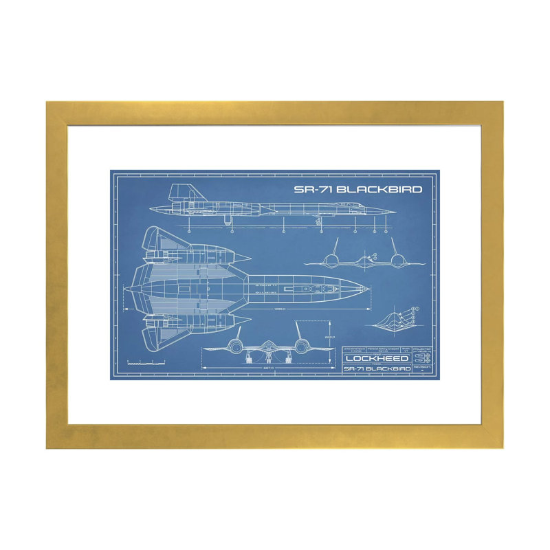 « SR-71 »-plan d’un avion d’espion-dessin imprimé, Papier encadré doré, Blanc, H 24 po x l 32 po x P 1 po