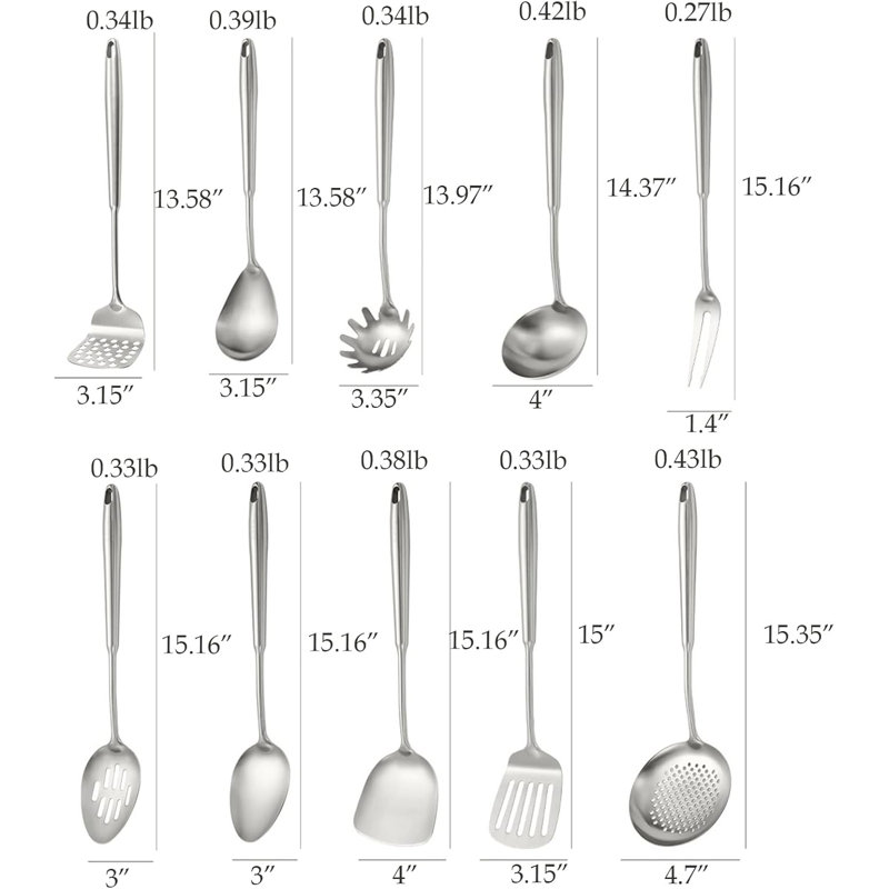 Ensemble d'ustensiles de cuisine en acier inoxydable 10 pièces - Masher, cuillères, fourchette, spatules, louche