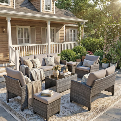 Ensemble de 7 meubles de patio pour l'extérieur, canapé modulaire en osier avec table basse, dossier réglable et coussins épais pour le jardin, le porche, le bord de la piscine, gris / gris