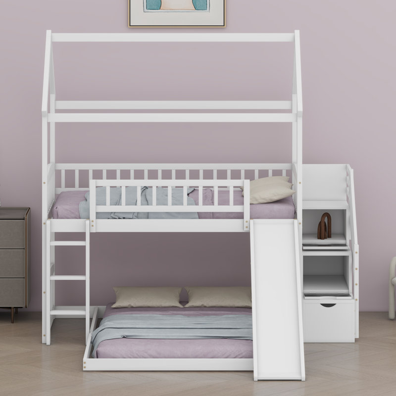 Lit superposé en forme de maison avec glissière intégrée et escalier de rangement, Blanc