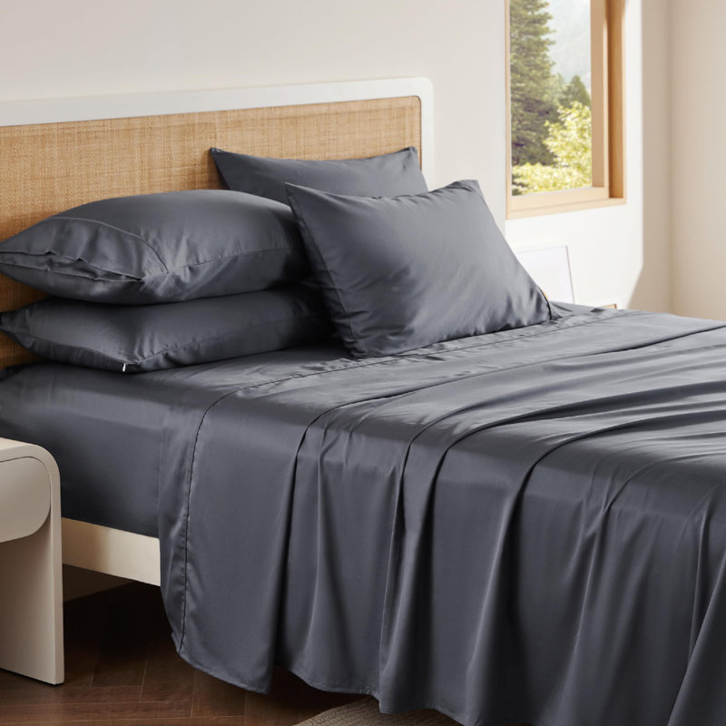 Draps 100% coton de literie - 6 pièces de draps en coton tissé en satin de coton, Gris