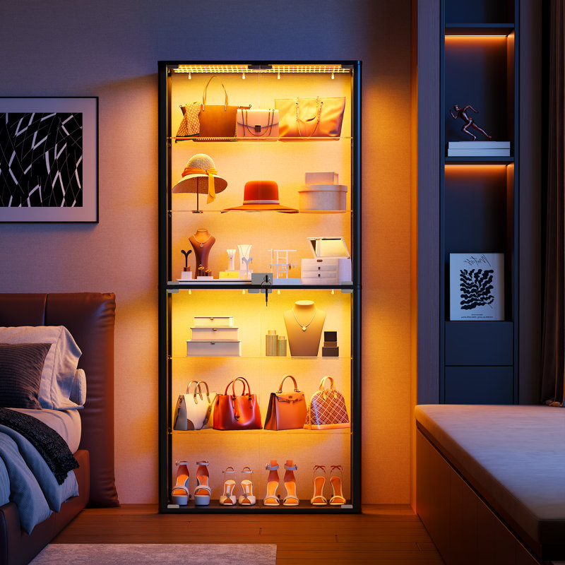 Vitrine à 6 niveaux avec lumières à capteur RVB, tablette en verre avec serrure, Black