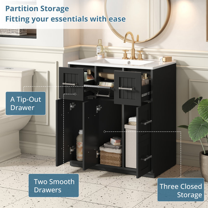 Meuble-lavabo sur pied simple 30 po avec tiroirs en céramique et charnières à fermeture en douceur, Noir, Argent argent