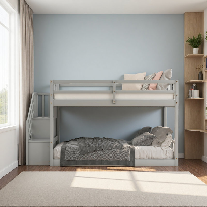 Lit superposé simple au-dessus d'un lit simple, échelle avec rangement, Gris