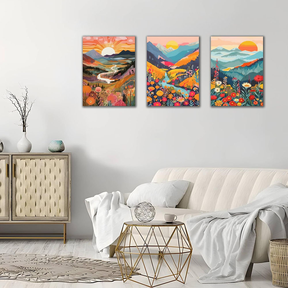 3 Pcs Mountain Landscape Wall Art 16X12in Colorful Nature Sunset Canvas Prints,Abstract Floral Valley Painting Vibrant Scenic Artwork For Living Room