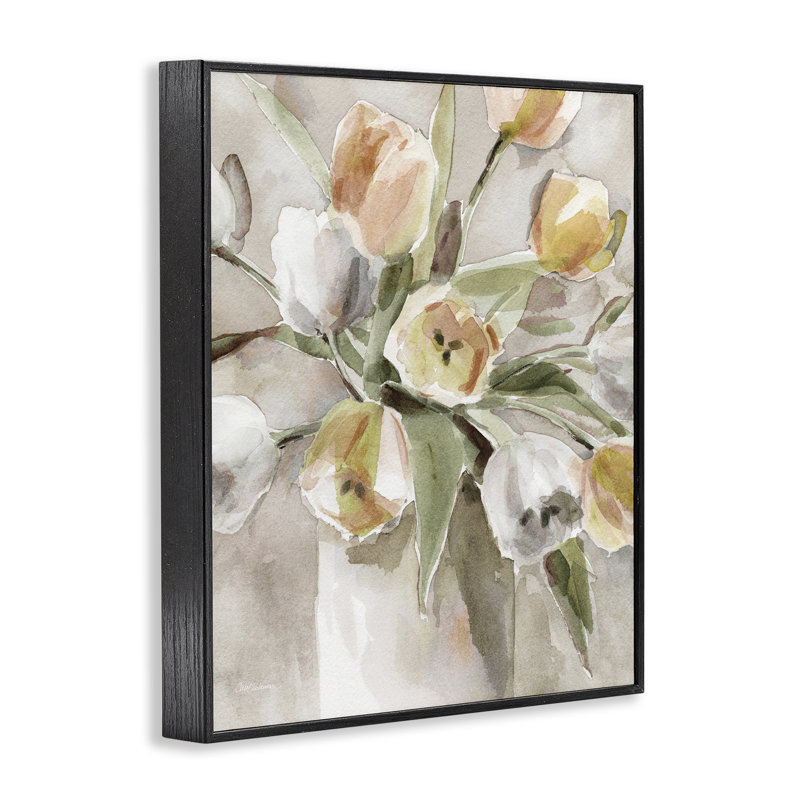 «Peachy Tulips Vase», estampe numérique de Carol Robinson, H 14 po x l 11 po, Giclée encadrée noir minuit